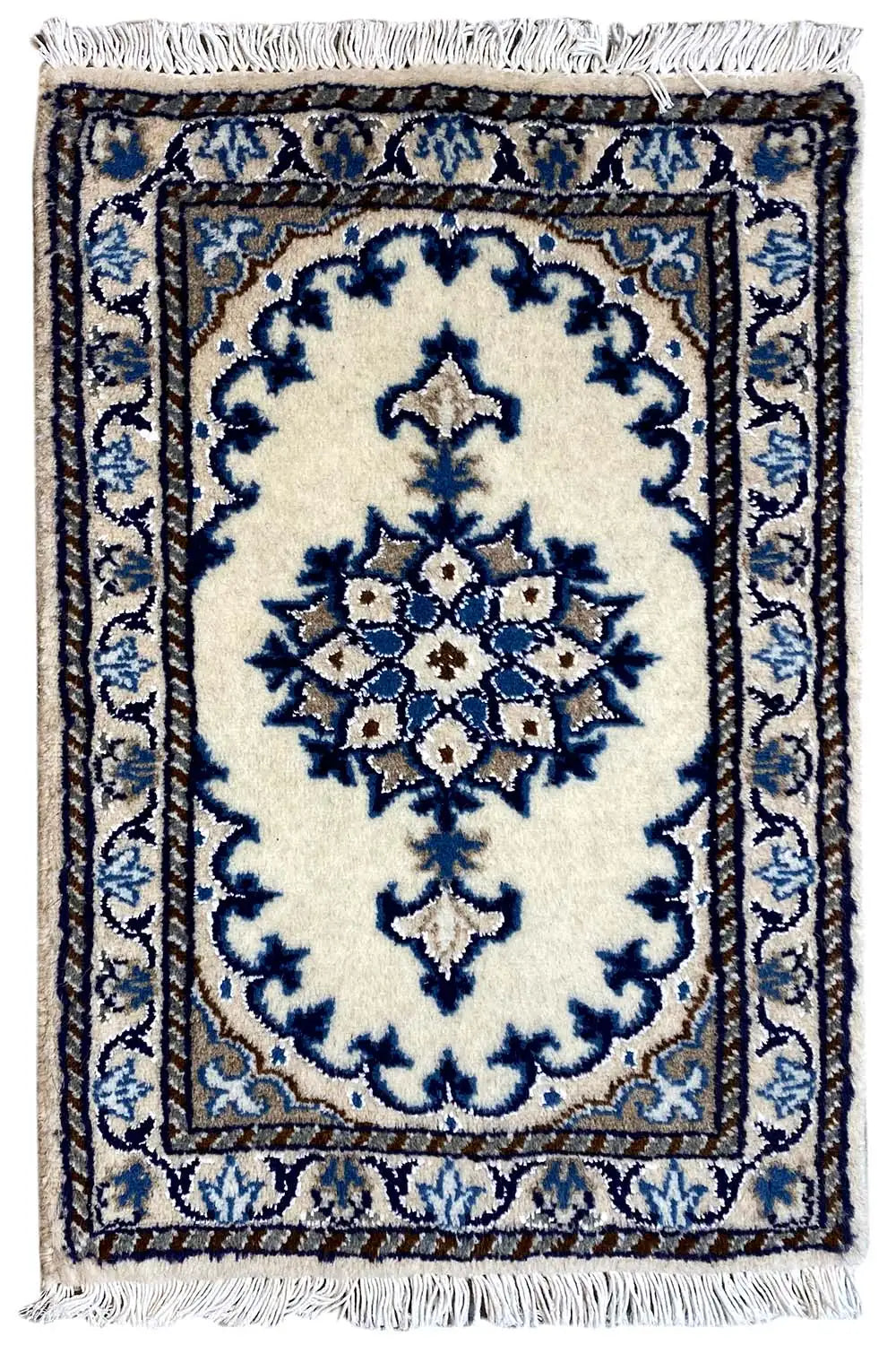 Alfombra oriental de 65x38 cm con motivos ornamentales azules sobre fondo claro y flecos
