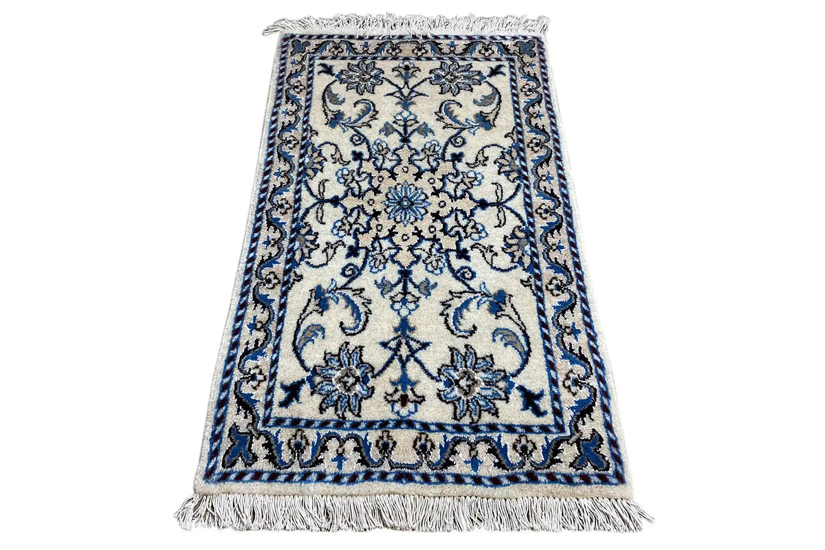 Alfombra Nain (93x56 cm), con bordes azul y blanco, rectangular, con flecos