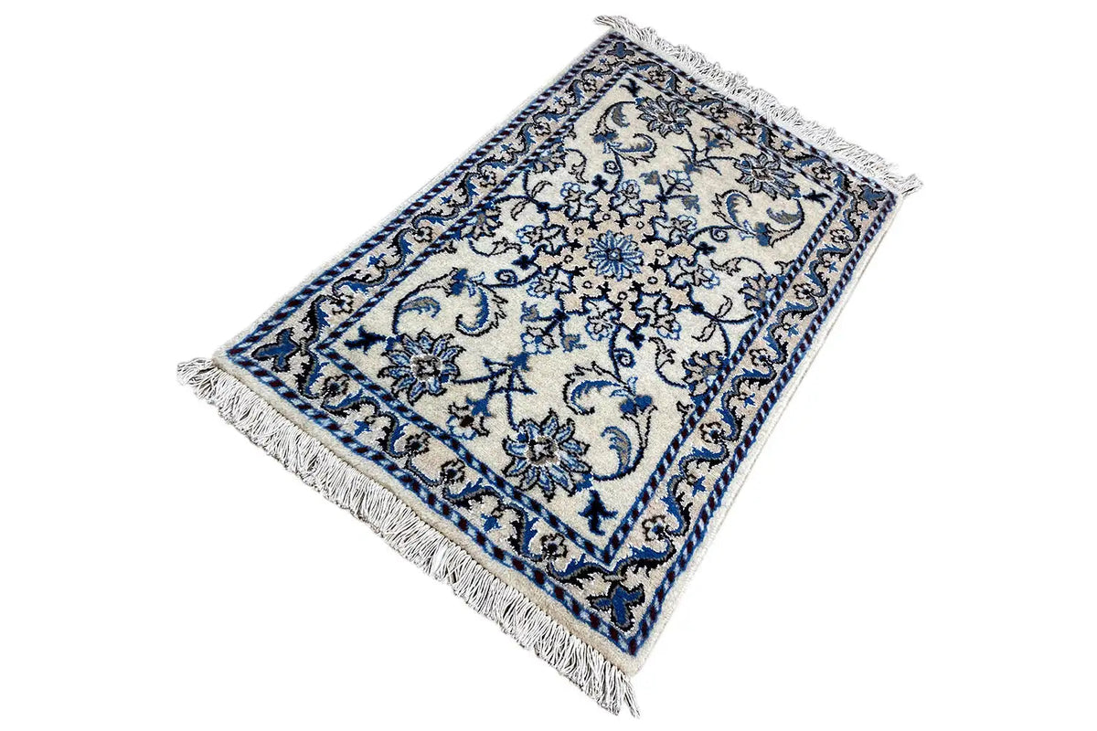 Alfombra Nain (93x56 cm), con medallón azul y blanco, rectangular y con flecos