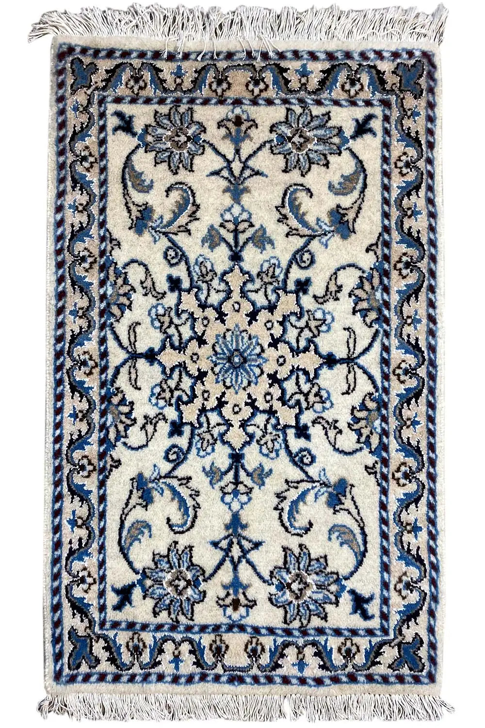 Alfombra Nain (93x56 cm) con ornamento azul y blanco y flecos