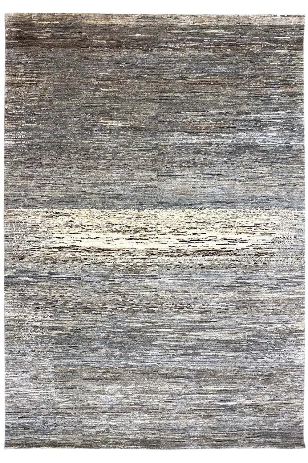 Alfombra Gabbeh-Lori rectangular, con un patrón de rayas gris-beige y una textura fina