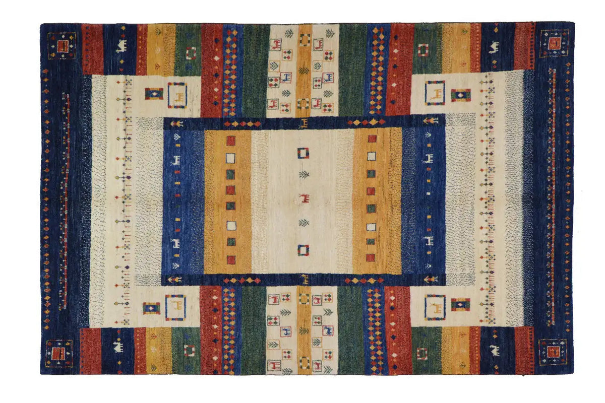 Alfombra Gabbeh Lori, 246x166 cm: motivo central rectangular en azul, beige y rojo