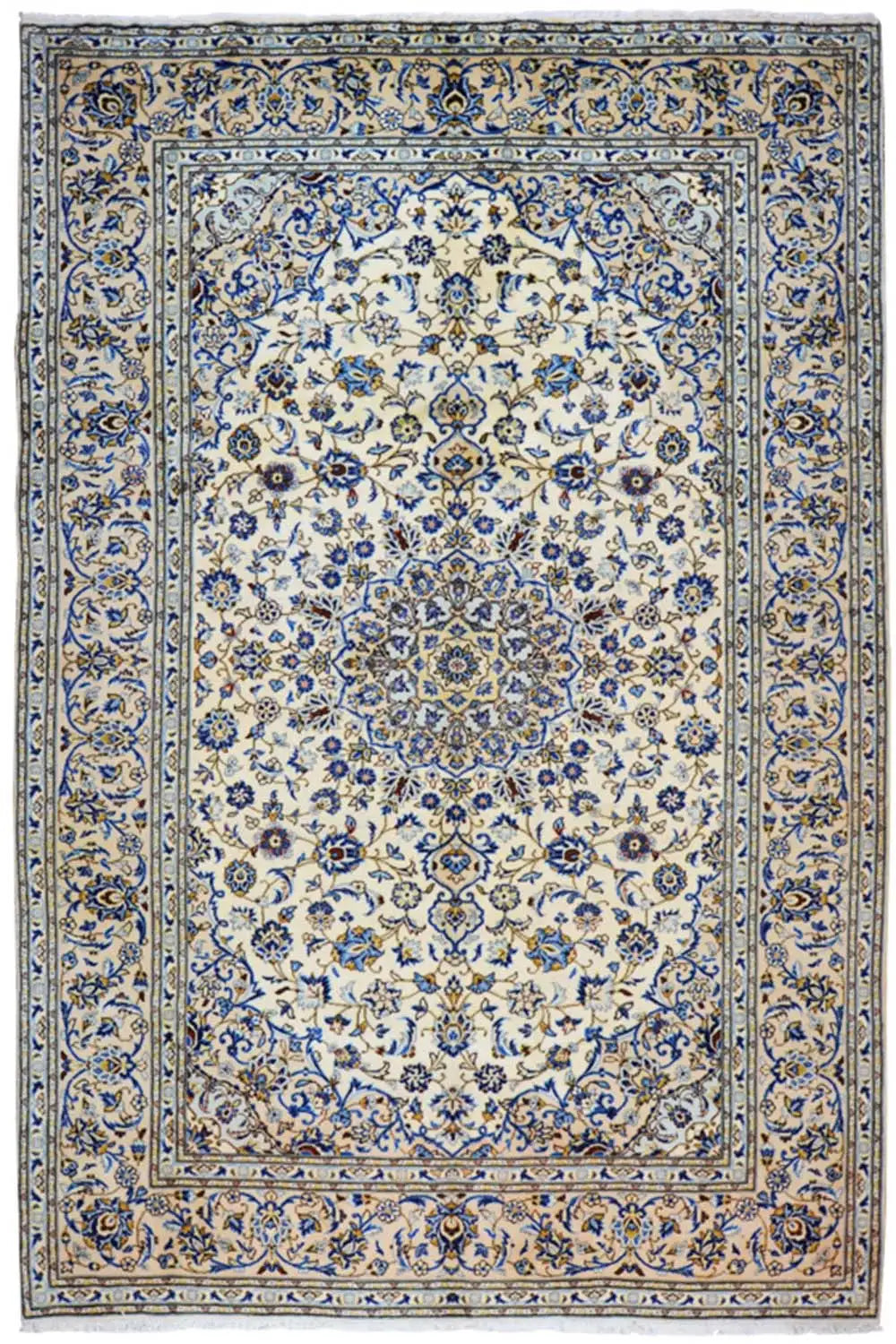 Alfombra Keshan rectangular con diseño floral ornamental en azul y crema
