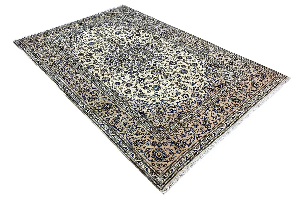 Alfombra de Keshan con ornamentos de enredaderas azules y cenefa decorativa de marco, rectangular