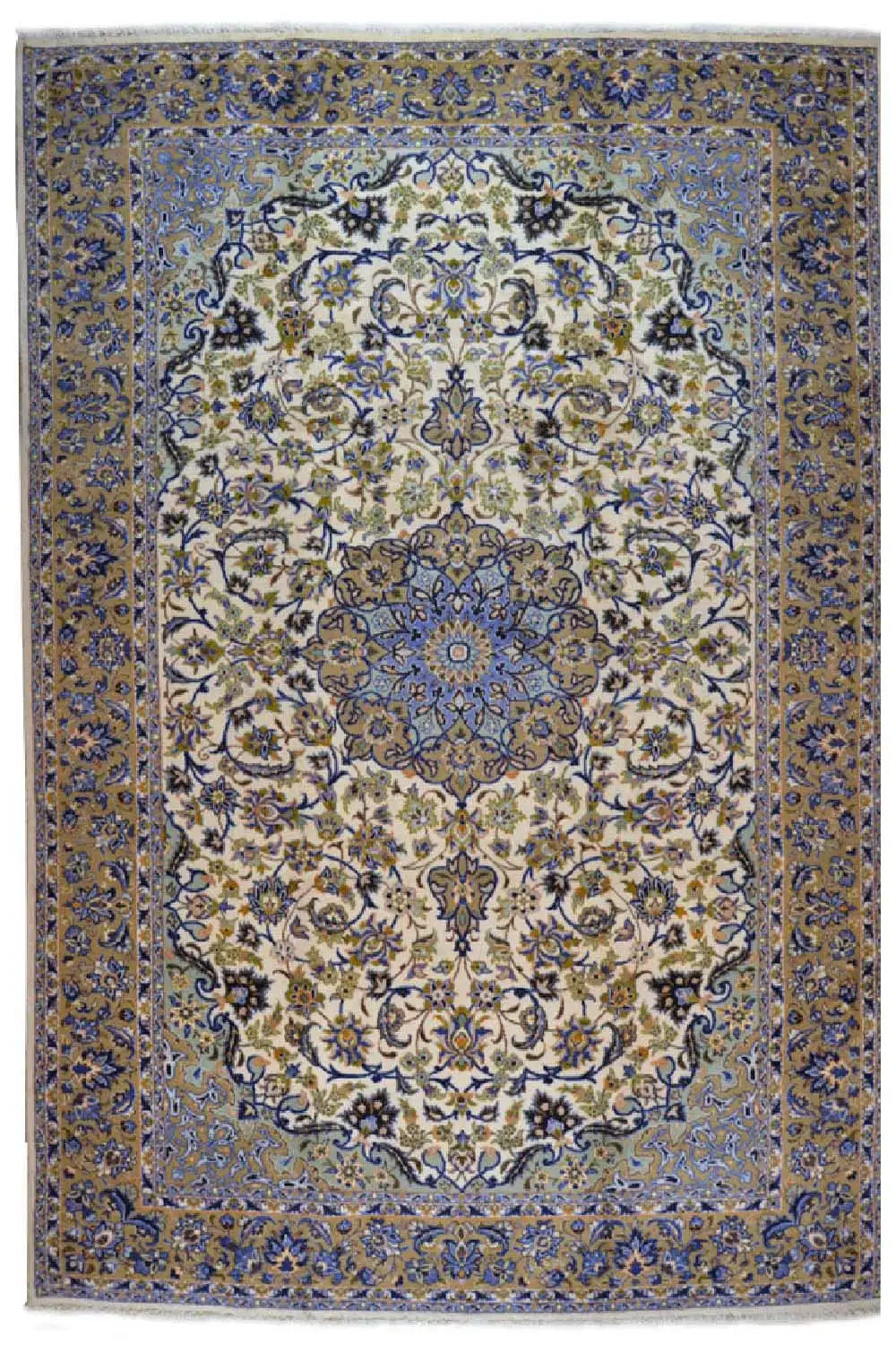 Alfombra oriental Keshan con diseño de medallón azul y blanco y cenefa