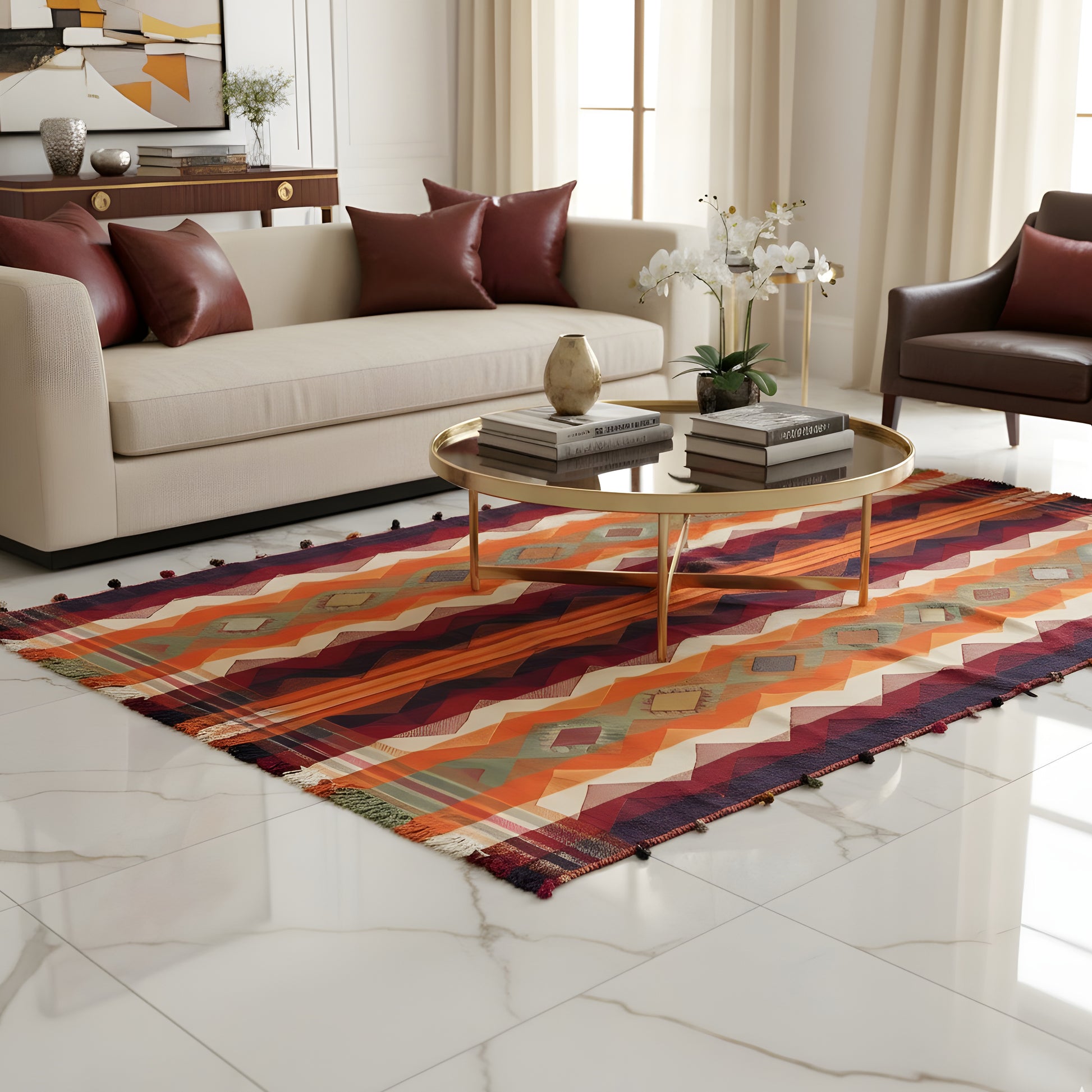 Schlafzimmer farbintensiver Jajim Wollteppich im traditionellen geometrischen Design