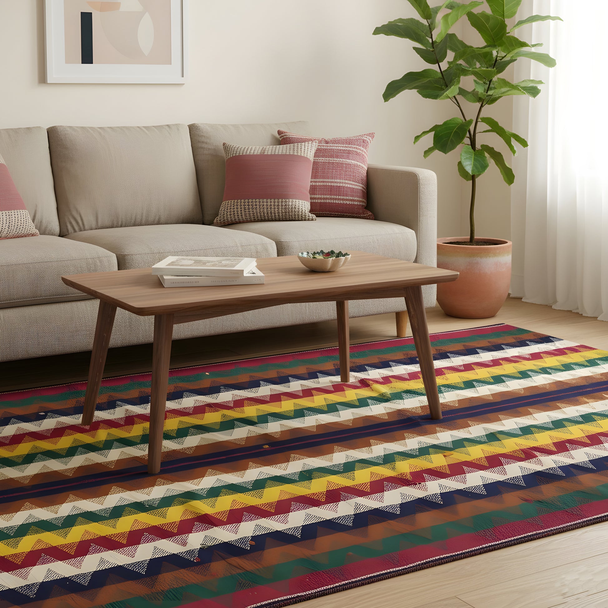 Schlafzimmer farbenfroher Jajim Wollteppich im traditionellen Boho-Stil