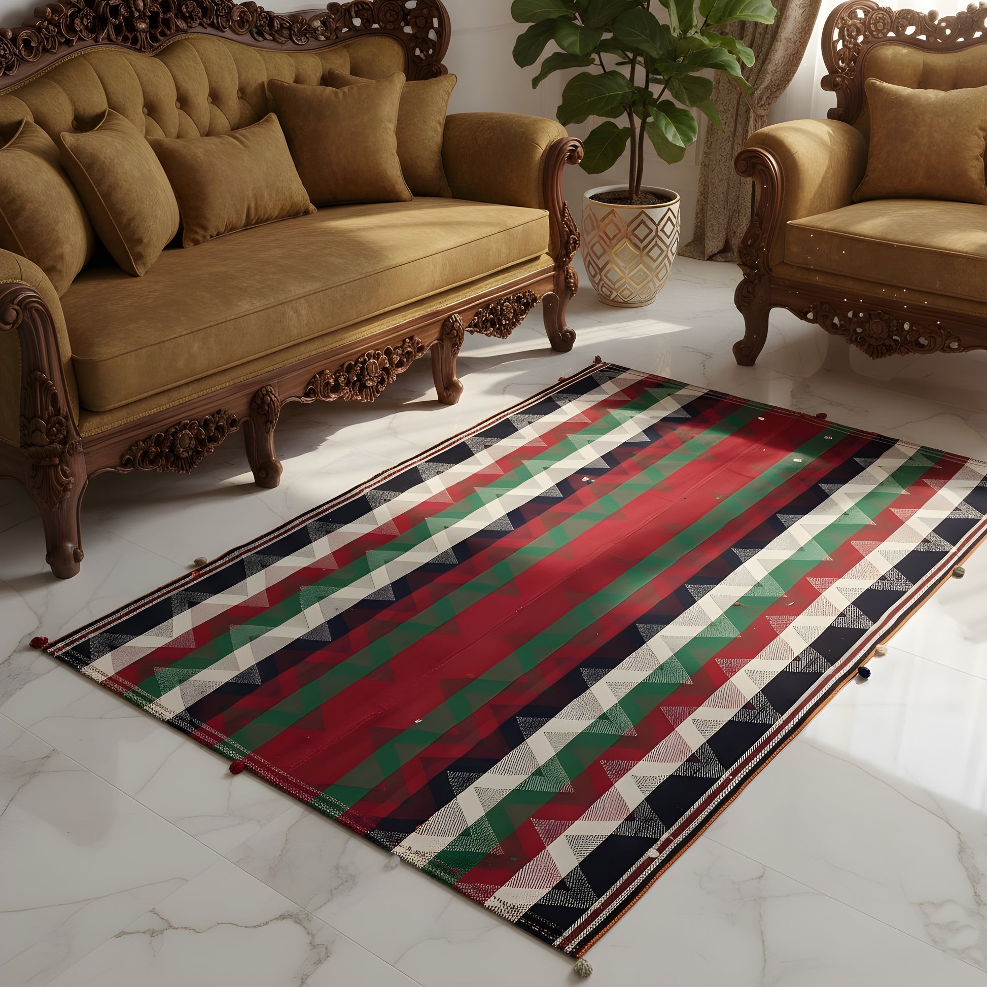 Schlafzimmer farbiger Jajim Wollteppich im traditionellen Boho-Dekor