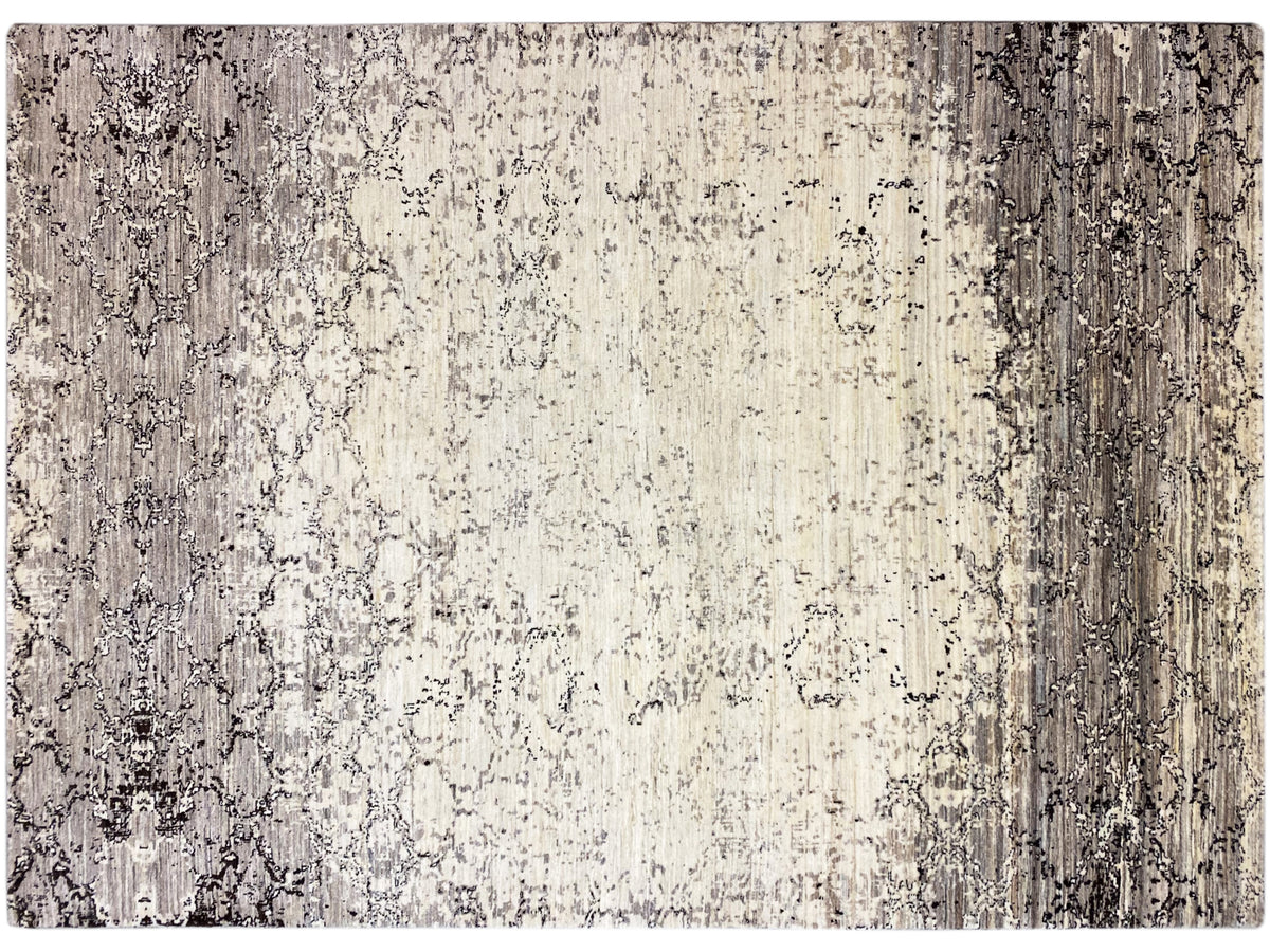Alfombra con base beige claro y un patrón ornamental gris oscuro y negro, textura, vista detallada