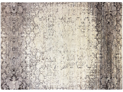 Alfombra con base beige claro y un patrón ornamental gris oscuro y negro, textura, vista detallada