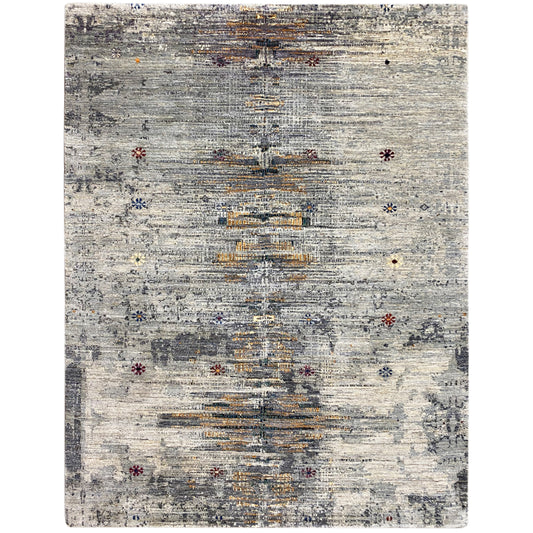 Alfombra Gabbeh-Luri: tejido plano gris claro con detalles de estampado multicolor