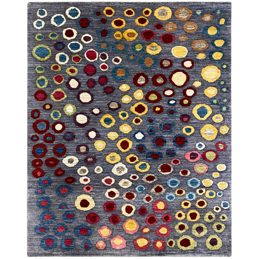 Alfombra Gabbeh-Luri con fondo gris y coloridos motivos circulares y ovalados, 205x147 cm