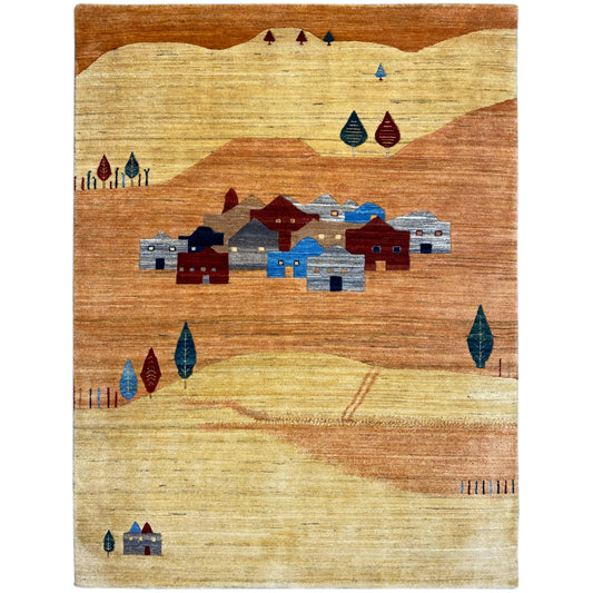 Alfombra Gabbeh-Luri con estampado geométrico en marrón, beige, azul y rojo, rectangular
