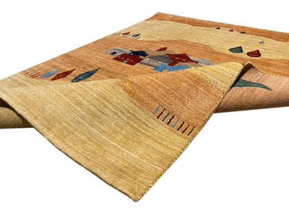 Gabbeh-Luri-Teppich mit aufgeschlagener Ecke, Muster und Flor in Hellbraun mit Blau/Rot