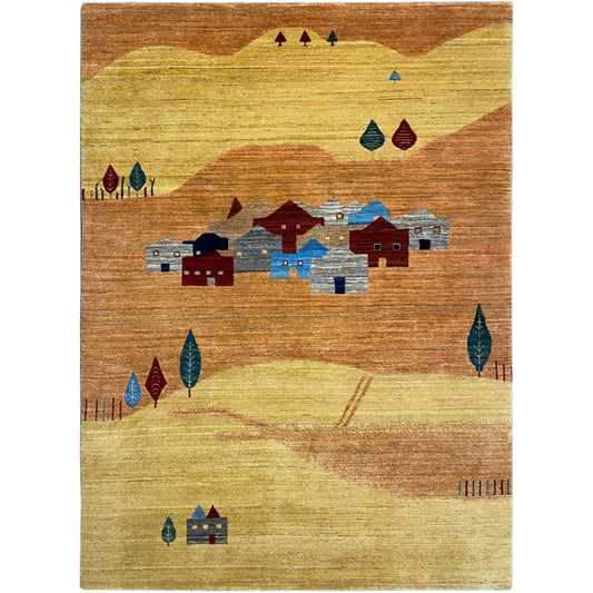 Alfombra con un estampado de casas y árboles en amarillo, marrón, azul y rojo