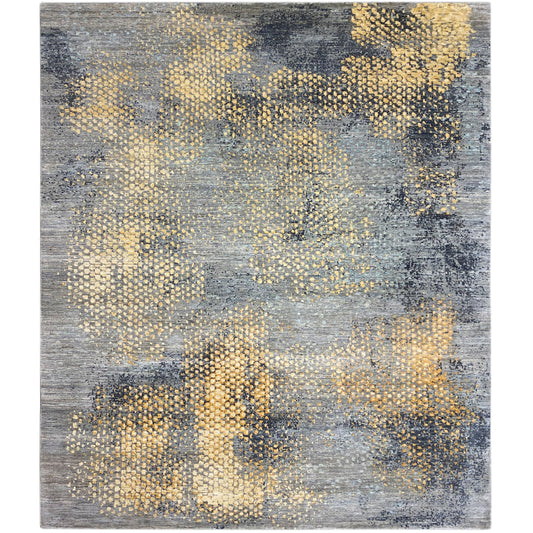 Alfombra Gabbeh-Luri con patrón abstracto en tonos grises y dorados, tejida plana