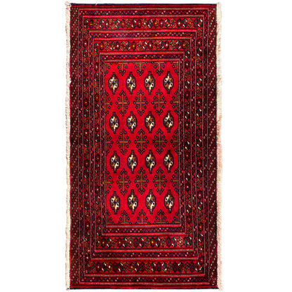 Turkmen Teppich, rot mit Rahmenbordüre und Medaillonmustern, oben und unten mit Fransen