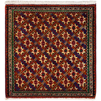 Alfombra Poshti de 62x52 cm con diseño geométrico, multicolor y flecos.