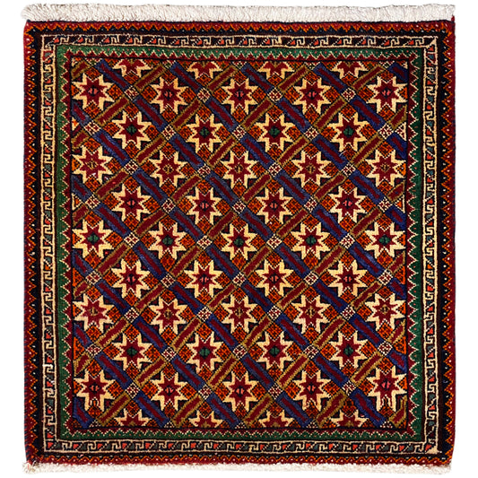 Alfombra Poshti de 62x52 cm con diseño geométrico, multicolor y flecos.