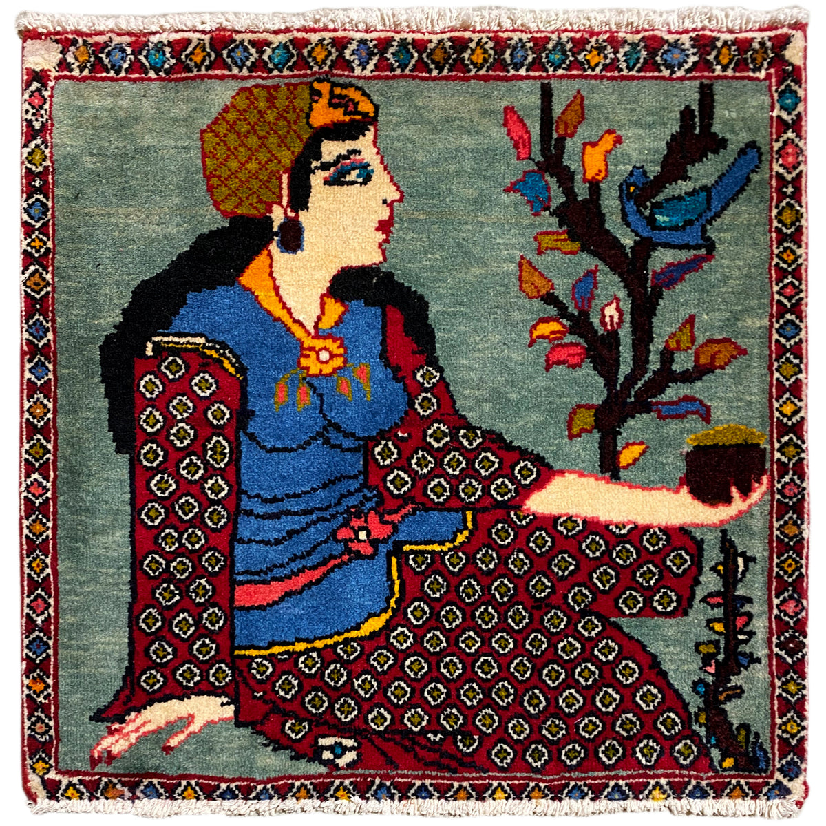 Alfombra Poshti de 68x63 cm con figura, motivo de árbol, cenefa multicolor y flecos