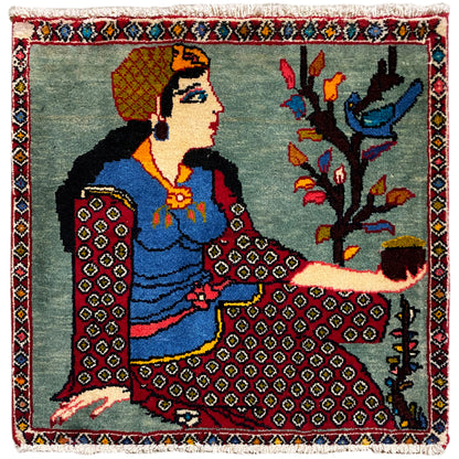 Alfombra Poshti de 68x63 cm con figura, motivo de árbol, cenefa multicolor y flecos