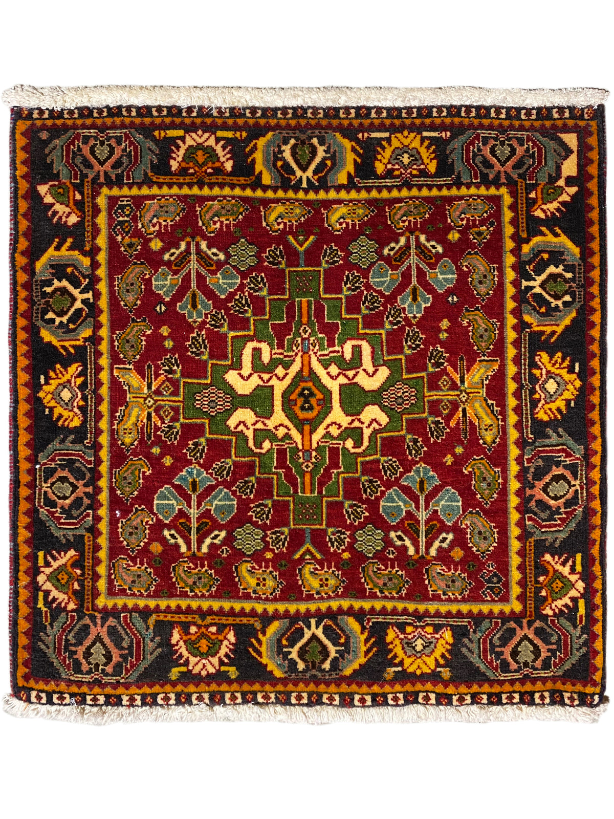 Alfombra persa de 61x61 cm con ornamento multicolor y borde de flecos en el contorno