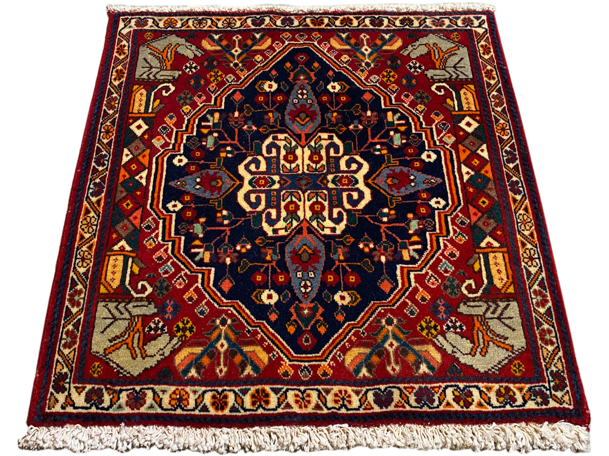 Alfombra roja y azul oscuro con ornamento central, forma rectangular y flecos
