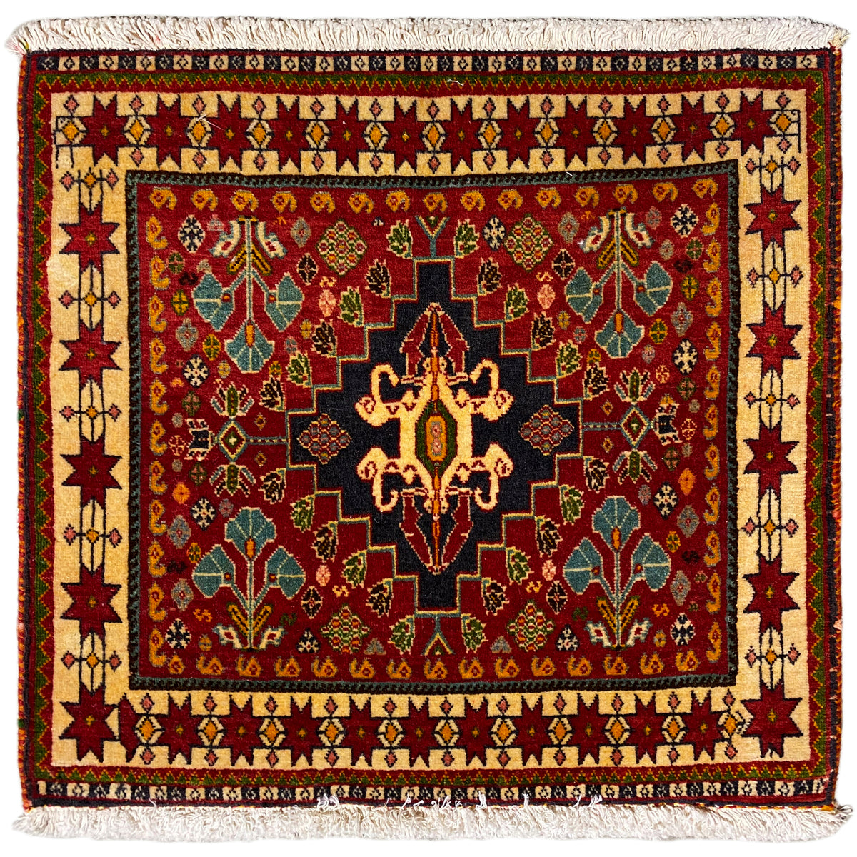 Alfombra Poshti, 60x58 cm, diseño rojo con medallón negro y flecos