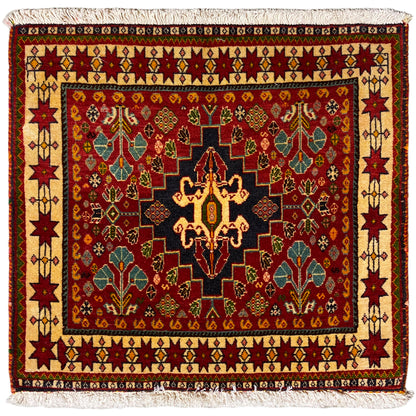 Alfombra Poshti, 60x58 cm, diseño rojo con medallón negro y flecos