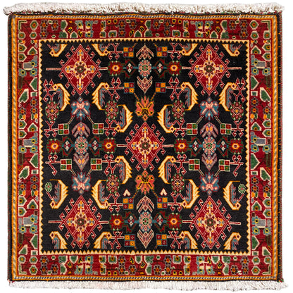 Alfombra Poshti con diseño geométrico: negro, tonos rojos, amarillos y verdes, 66x65 cm