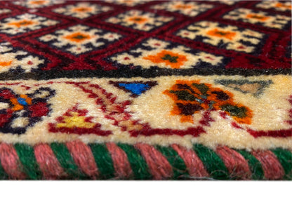 Alfombra Poshti de 61x59 cm: detalle de la estructura del pelo y del borde multicolor, con flecos