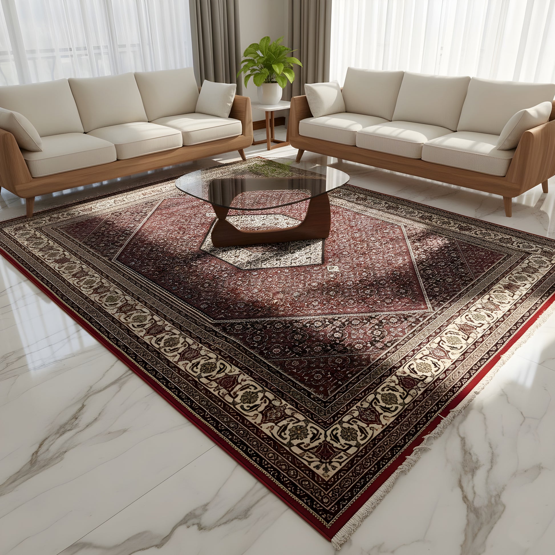 Wohnzimmer Großer Orientteppich Bidjar in Rot und Elfenbein 304x205 cm