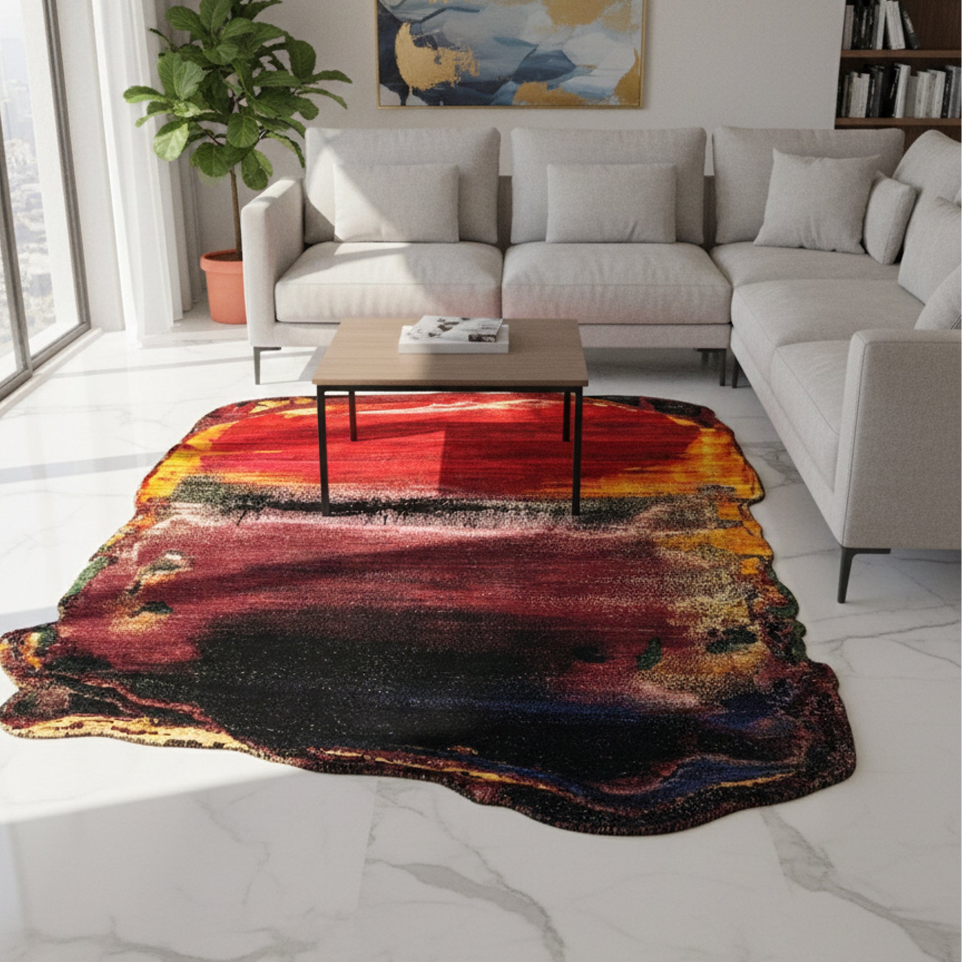 Wohnzimmer Moderner Woll-Viskose Teppich in Rot, Schwarz und Gold