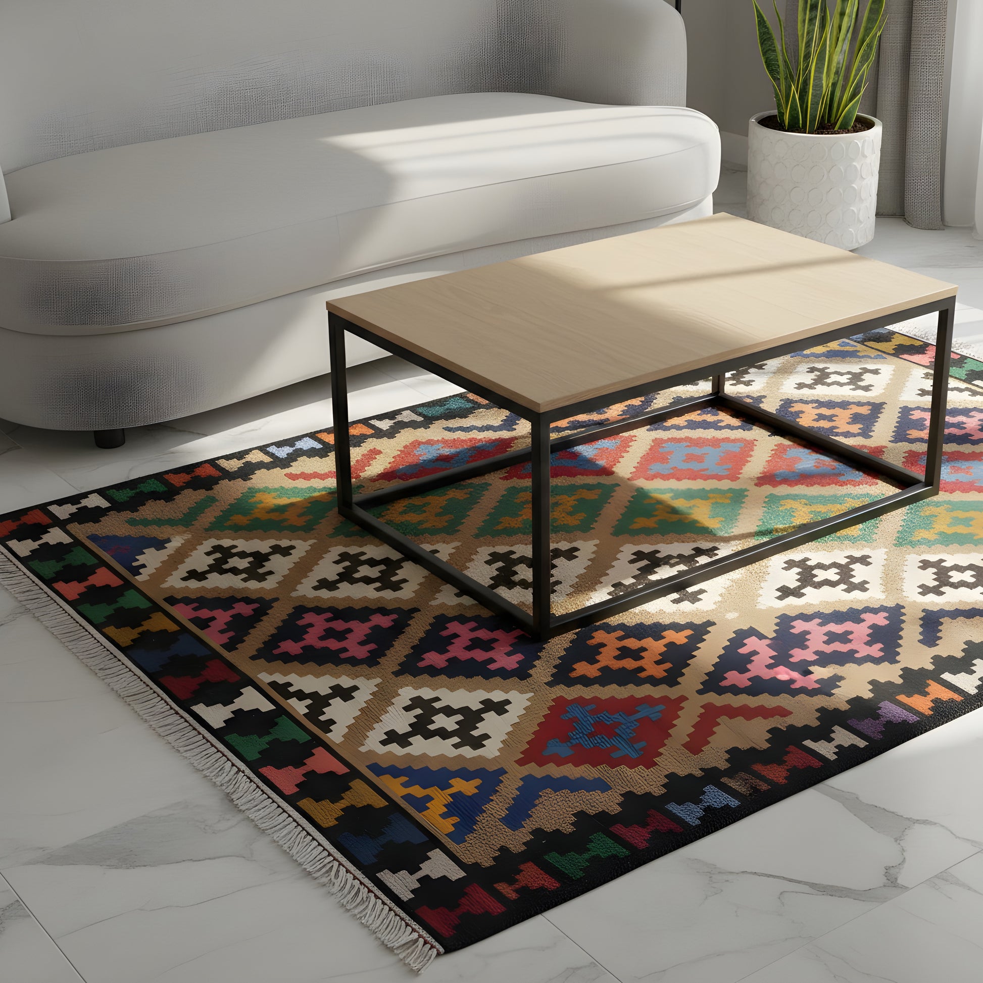 Wohnzimmer Kelim Teppich aus handversponnener Naturwolle in Beige mit bunten Akzenten