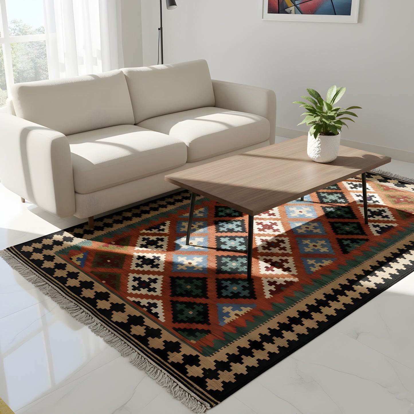 Wohnzimmer Handgewebter Qashqai Kelim Teppich in Orange aus 100% Naturwolle mit Diamantdesign