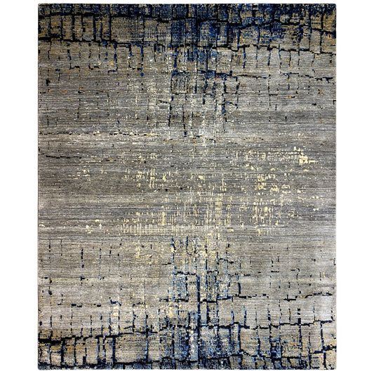 Handgeknüpfter Wollteppich in Grau und Blau mit abstraktem Muster
