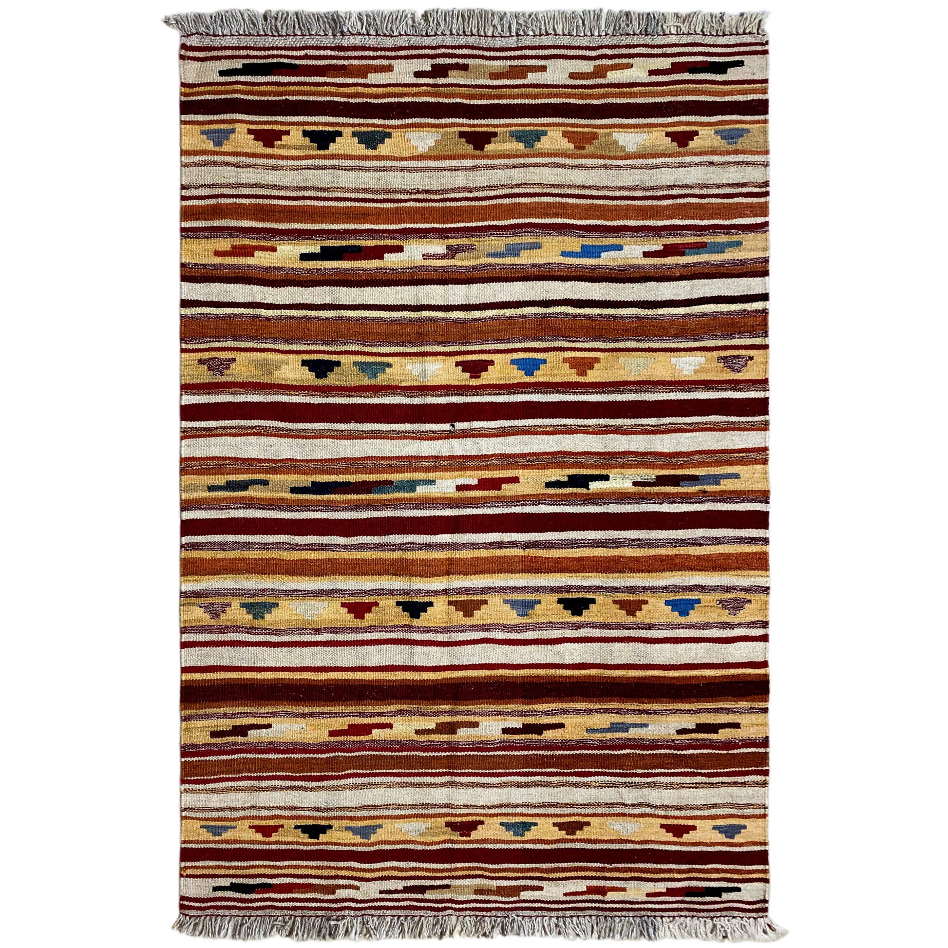 Handgewebter Kelim Qashqai Teppich 155x99 cm in Braun Beige mit Streifenmuster