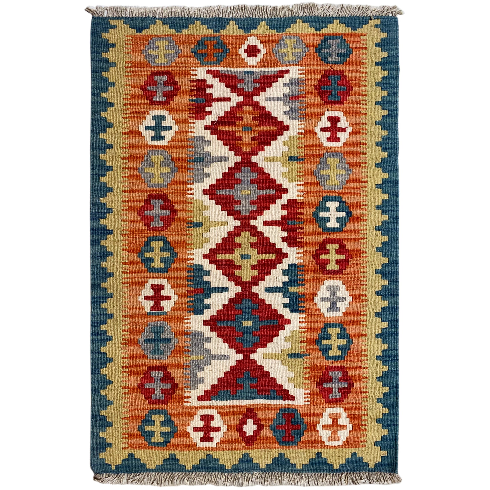 Handgewebter Qashqai Kelim Teppich in Blau Rot 120x80 cm aus Naturwolle