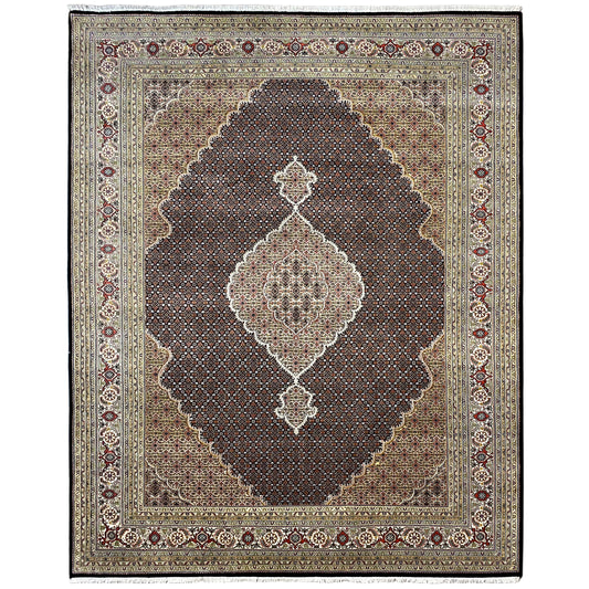 Indo Tabriz Teppich handgeknüpft aus Wolle und Seide in Braun und Beige 348x253 cm