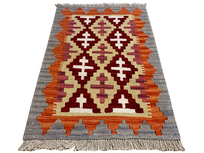 Boho Kelim Teppich 89x59 cm, handversponnene Wolle mit Bordüre