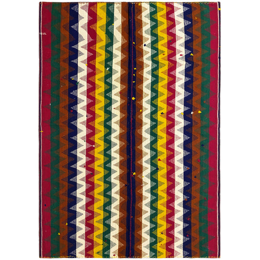 Wohnzimmer bunter Jajim Teppich handgewebt mit lebhaftem geometrischem Zickzackmuster