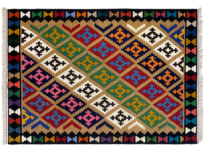 Handgewebter Ethno Teppich Kelim beige mit farbigen geometrischen Motiven