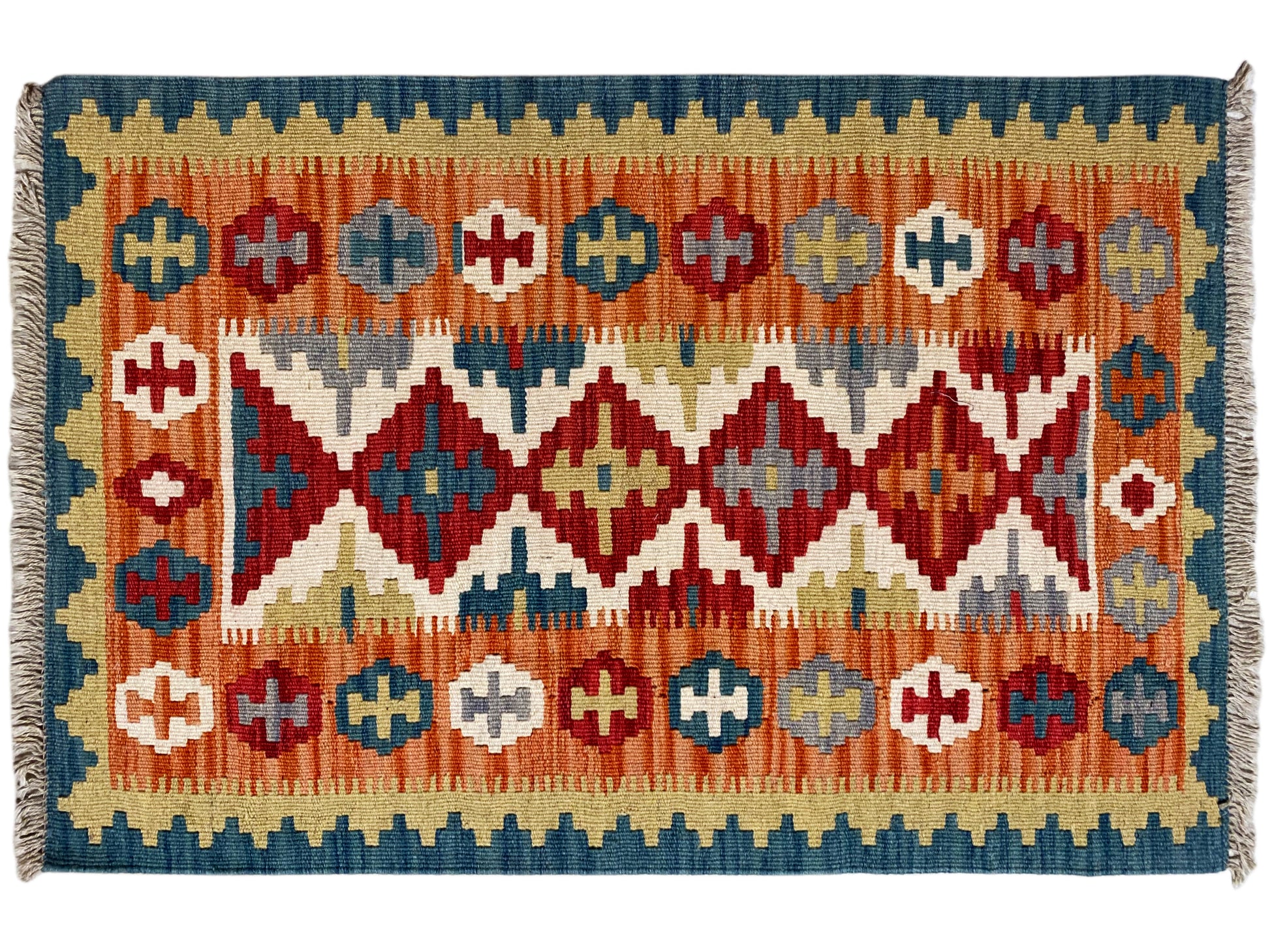 Handgewebter Woll-Kelim Teppich Qashqai mit traditionellen Symbolen