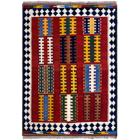 Handgewebter Qashqai Kelim Teppich Rot Blau 153x101 cm aus Naturwolle