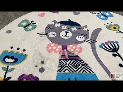 Alfombra infantil redonda de gato, blanca, 100 cm