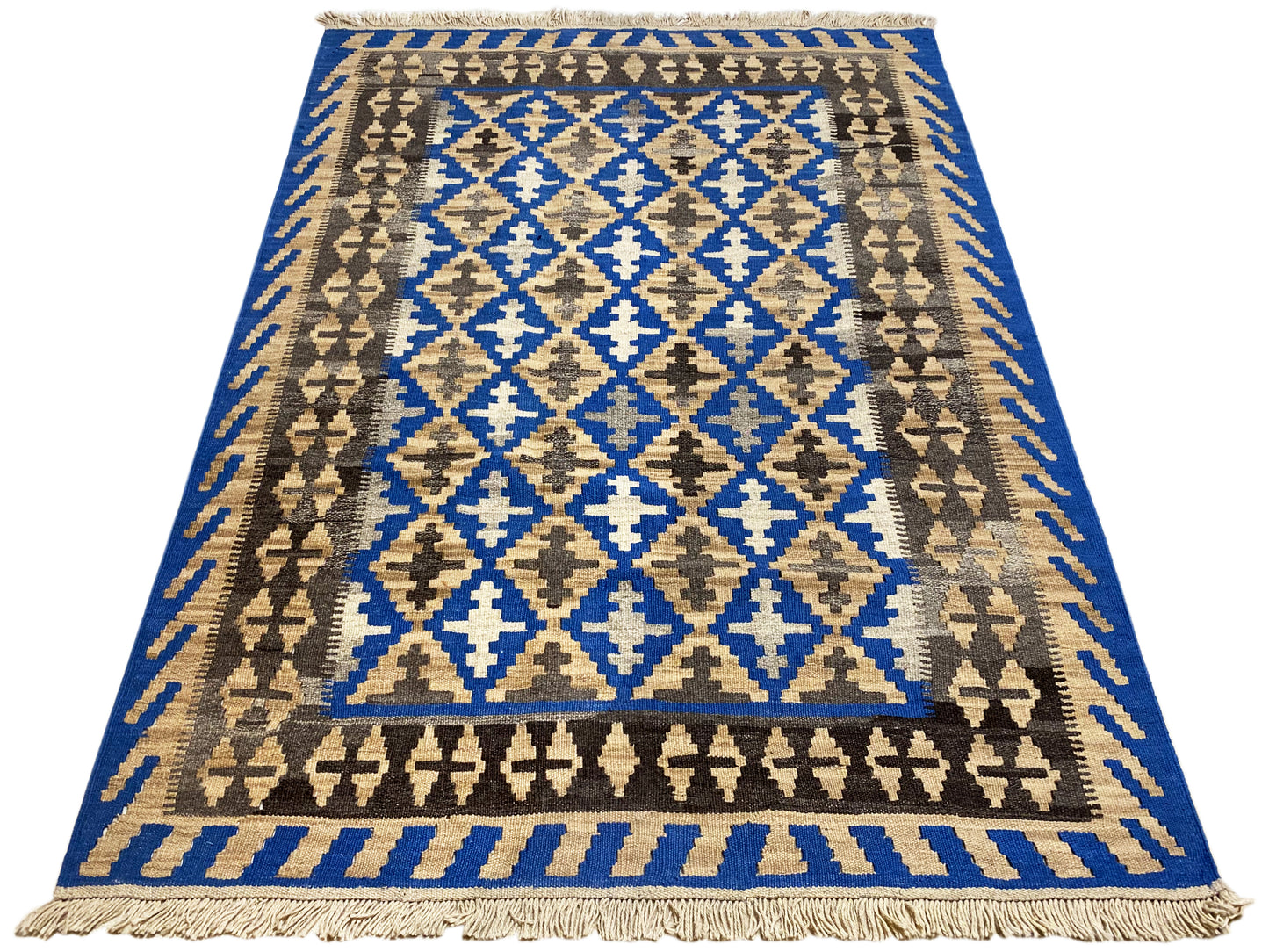 Boho Ethno Kelim Teppich blau mit traditionellem geometrischem Muster