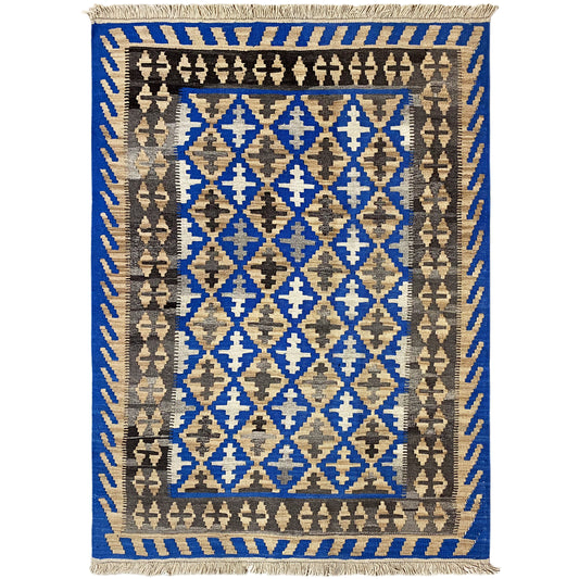 Handgewebter Kelim Qashqai Teppich blau 172x127 cm mit geometrischem Rautenmuster