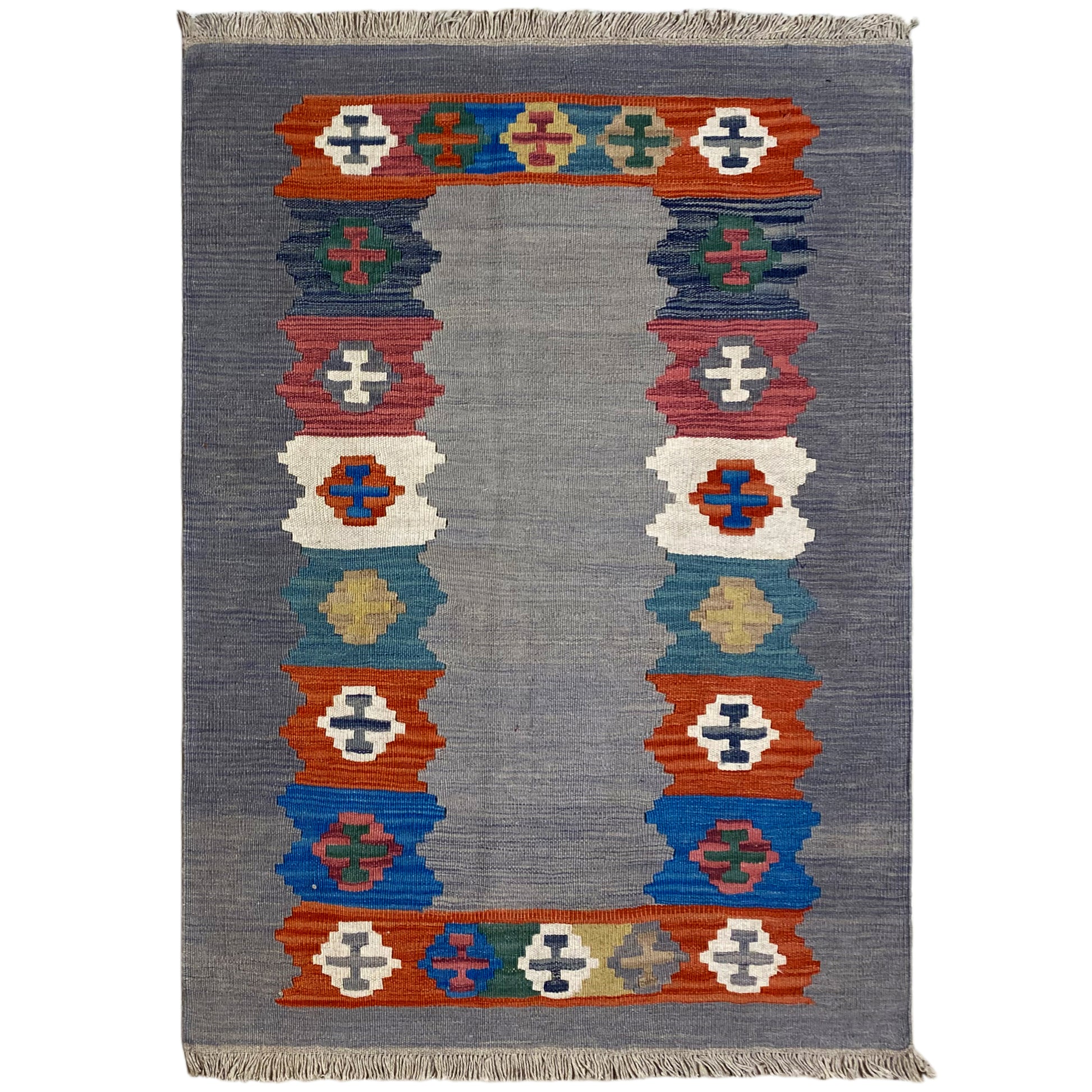 Handgewebter Qashqai Kelim Teppich in Grau mit geometrischer Bordüre 151x103 cm